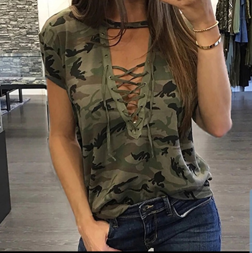SALE! LAST ONE XL. Green Camo Lace-up Top Tee - Picture 1 of 3